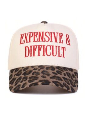 Cream Baseball Hat with Red "EXPENSIVE & DIFFICULT" Text and Leopard Brim